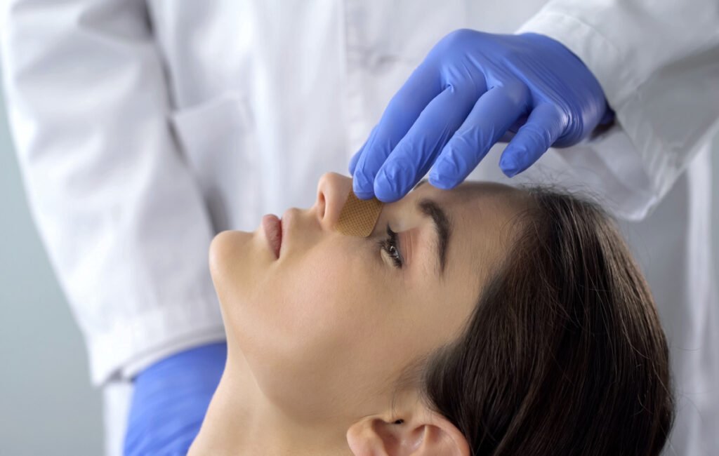 Woman Getting Splint Placed by Plastic Surgeon for Rhinoplasty Recovery